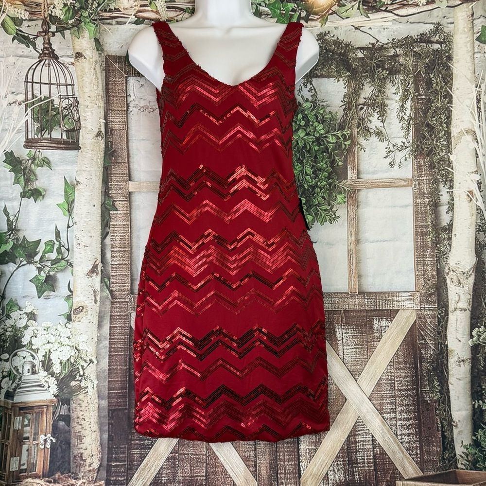 Profile red chevron sequin semi formal HOCO party mini dress scoop neck festive